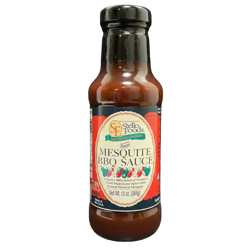 Bottle of Stello Foods Mesquite BBQ Sauce on a white background