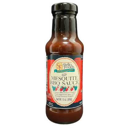 Bottle of Stello Foods Mesquite BBQ Sauce on a white background