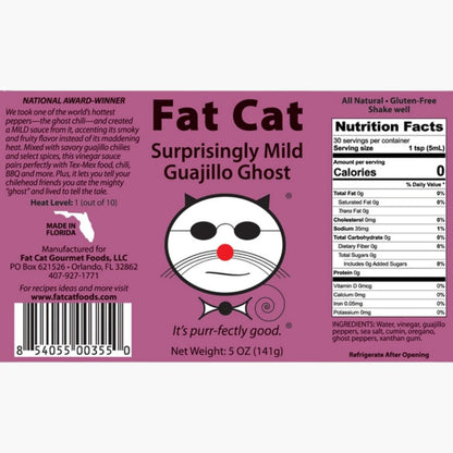 Label of Fat Cat Surprisingly Mild Guajillo Ghost sauce nutrition facts