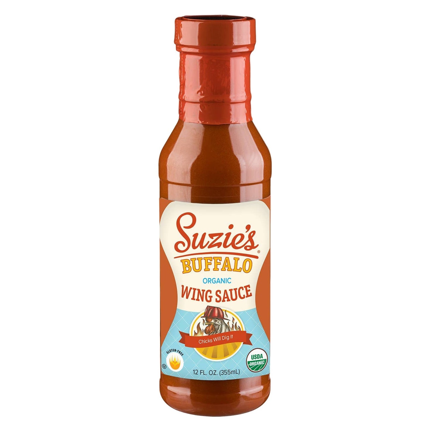 Bottle of Suzie's Buffalo Wing Sauce on a white background