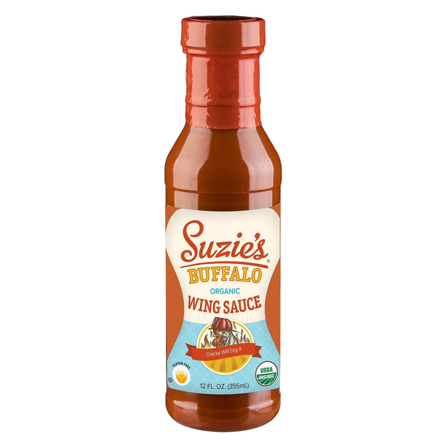 Bottle of Suzie's Buffalo Wing Sauce on a white background