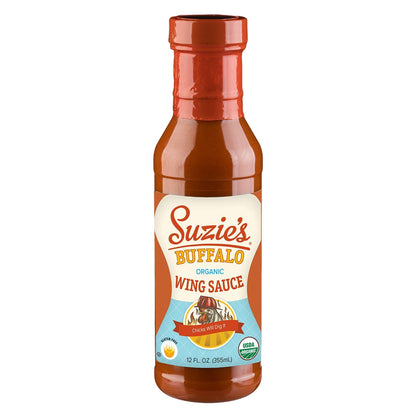 Bottle of Suzie's Buffalo Wing Sauce on a white background