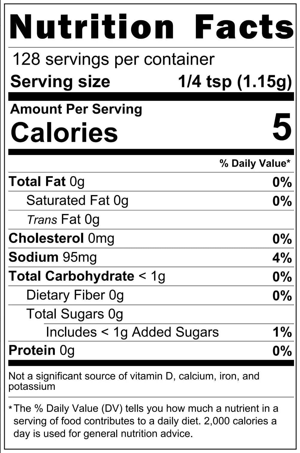 Nutrition facts label for a product with 5 calories per serving