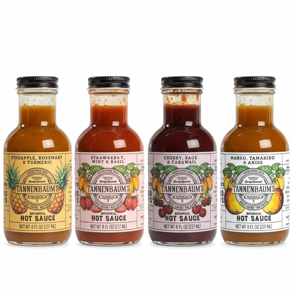 Four bottles of Tannenbaum's Hot Sauce with different flavors on a white background
