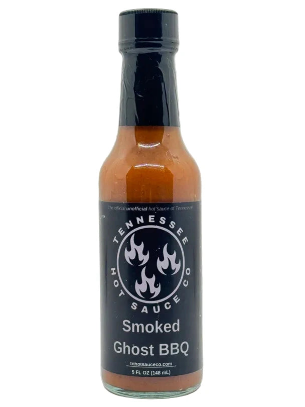 Bottle of Tennessee Hot Sauce Co. Smoked Ghost BBQ sauce on a white background