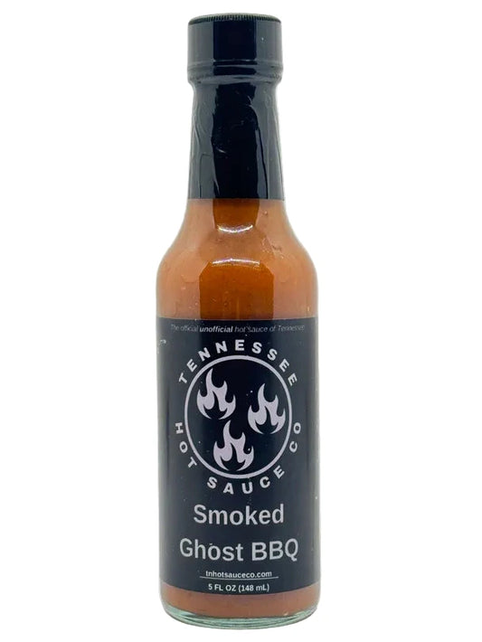 Bottle of Tennessee Hot Sauce Co. Smoked Ghost BBQ sauce on a white background