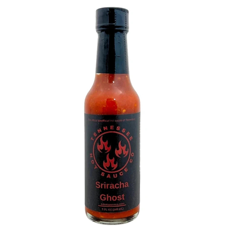 Bottle of Tennessee Ghost Sriracha sauce on a white background