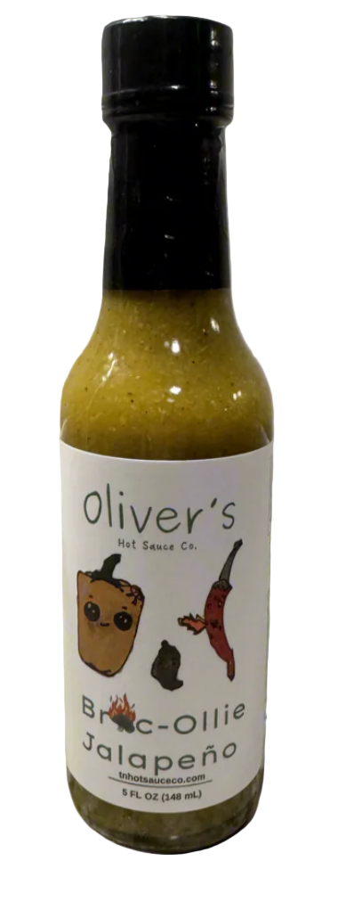 Bottle of Oliver's Hot Sauce Co. Black-Ollie Jalapeño sauce on a white background