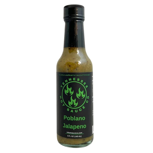 Bottle of Tennessee Hot Sauce with Poblano Jalapeno flavor on a white background