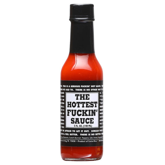 Bottle of 'The Hottest Fuckin' Sauce' with a black cap and red sauce on a white background