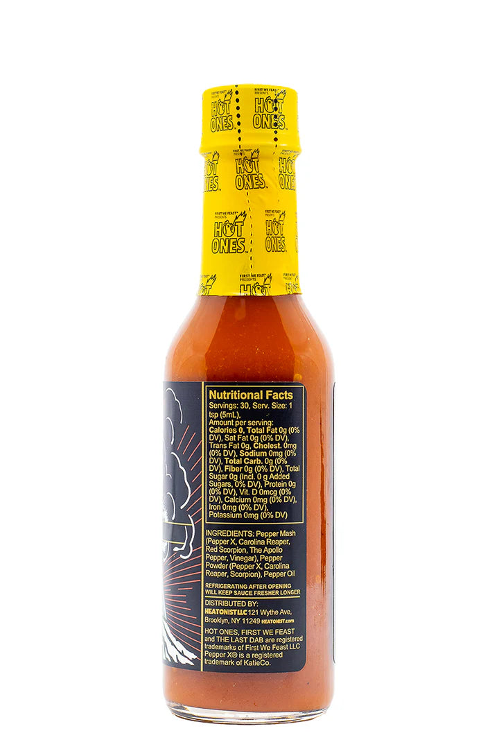 The Last Dab Thermageddon Hot sauce bottle with nutritional facts label on a white background