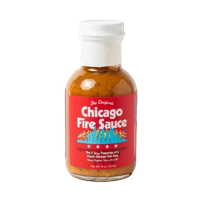 Bottle of Chicago Fire Sauce with a red label on a white background