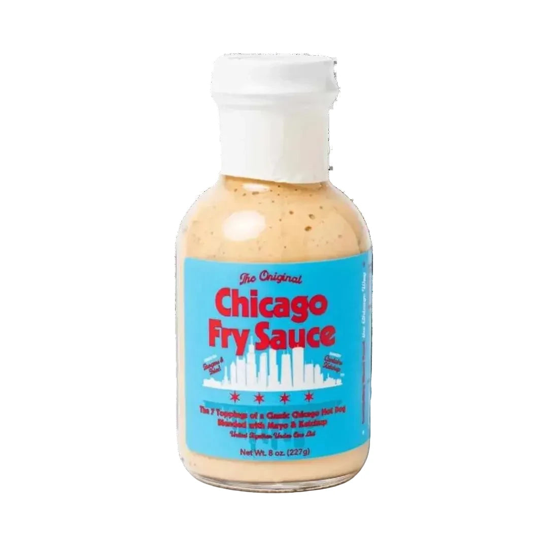 Bottle of Chicago Fry Sauce with blue label on a white background