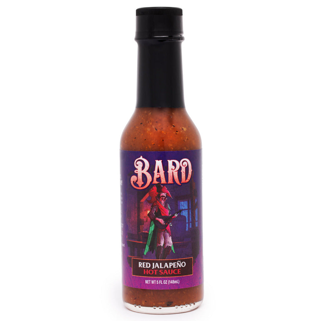 Bottle of Bard Red Jalapeño hot sauce with a colorful label on a white background
