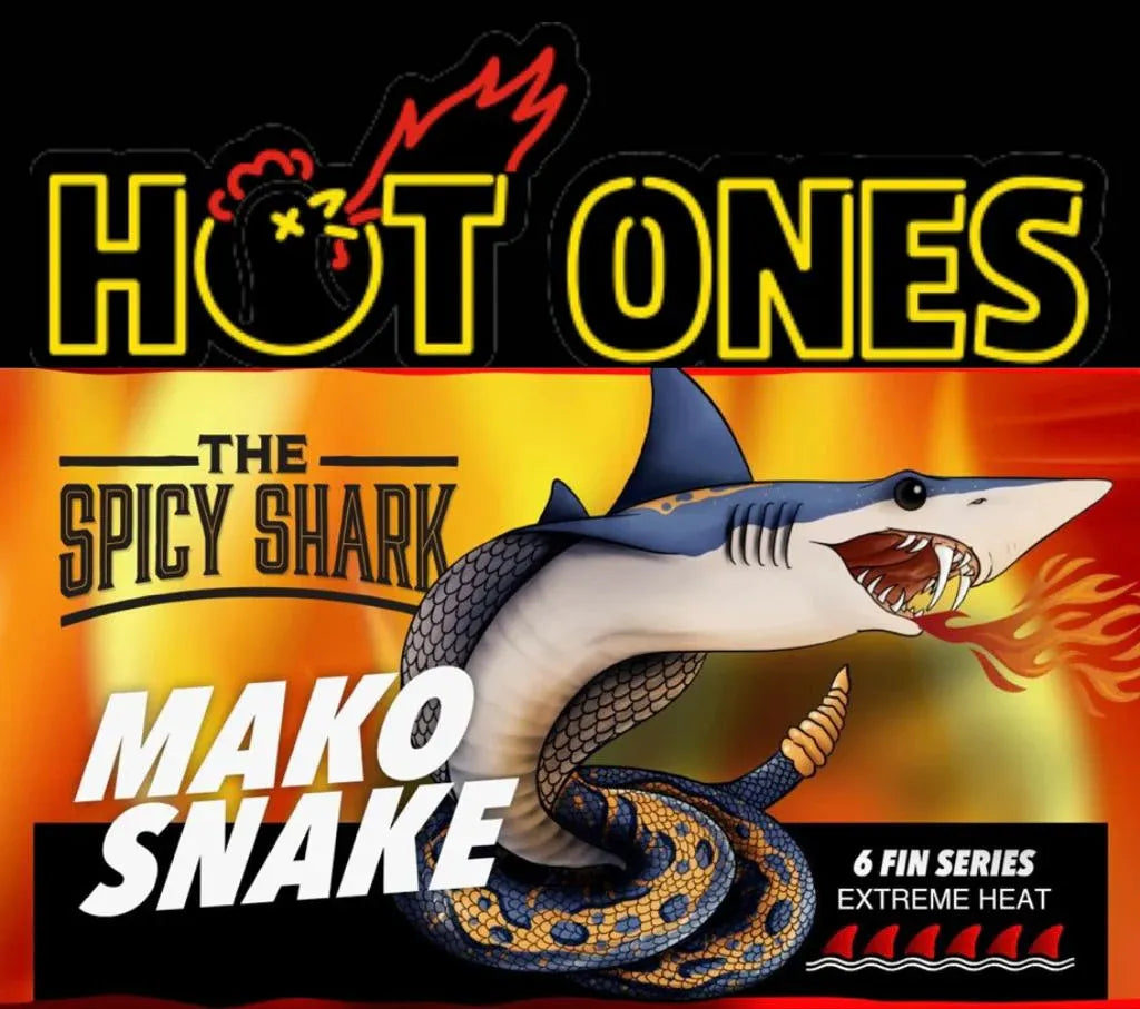 Promotional graphic for 'Hot Ones' featuring a shark and snake with fiery background