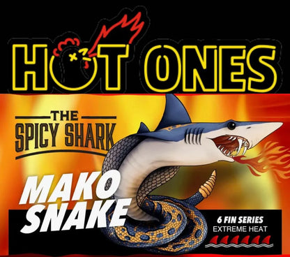 Promotional graphic for 'Hot Ones' featuring a shark and snake with fiery background