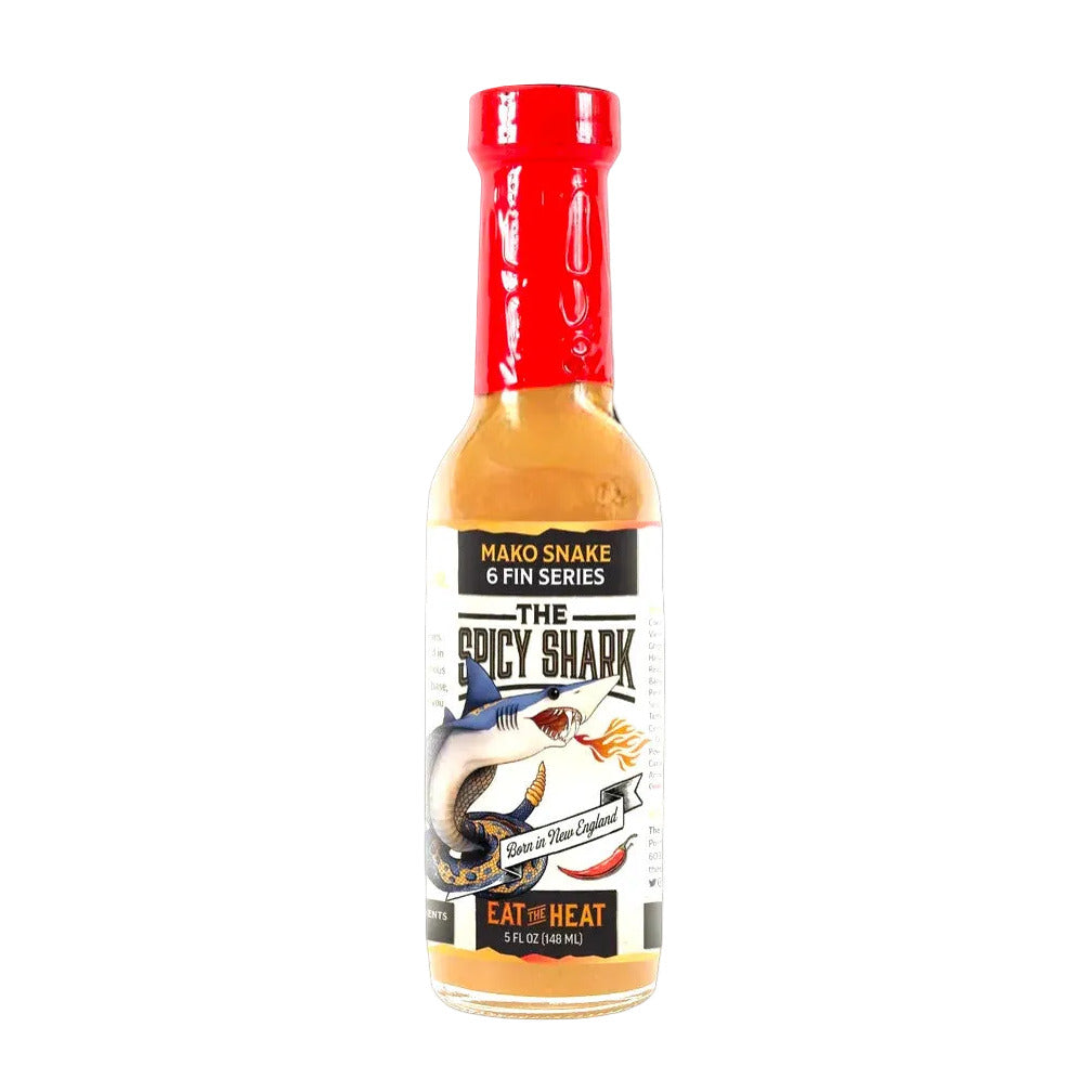 Hot sauce bottle labeled 'The Spicy Shark' on a white background