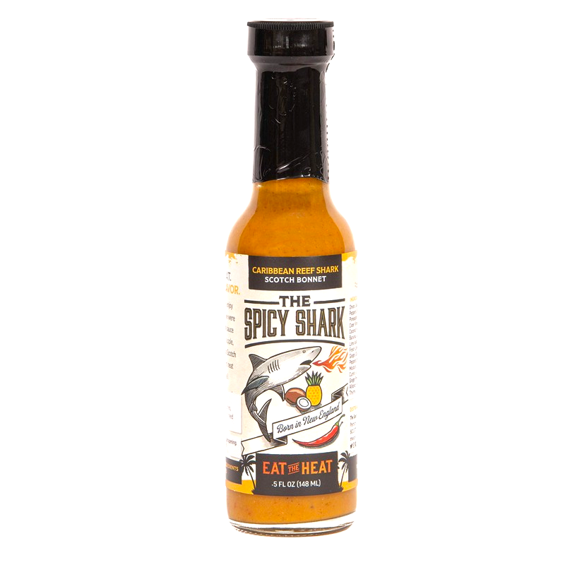 Bottle of 'The Spicy Shark' Scotch Bonnet hot sauce on a white background