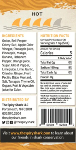 Spicy shark product label with ingredients, nutrition facts, and branding information.