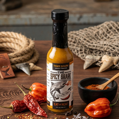 Bottle of 'The Spicy Shark' hot sauce on a wooden surface with peppers and spices.