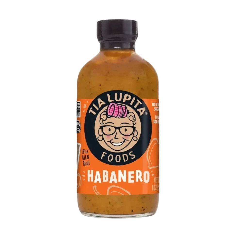 Bottle of Tia Lupita Habanero sauce on a white background