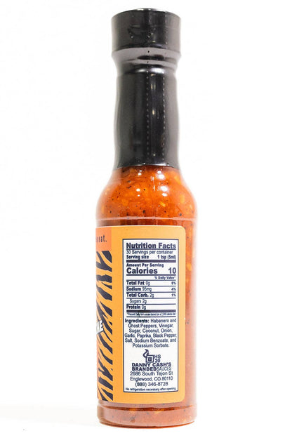 Tiger Stache Coconut Ghost Chili Hot sauce bottle with orange nutrition facts label on a white background