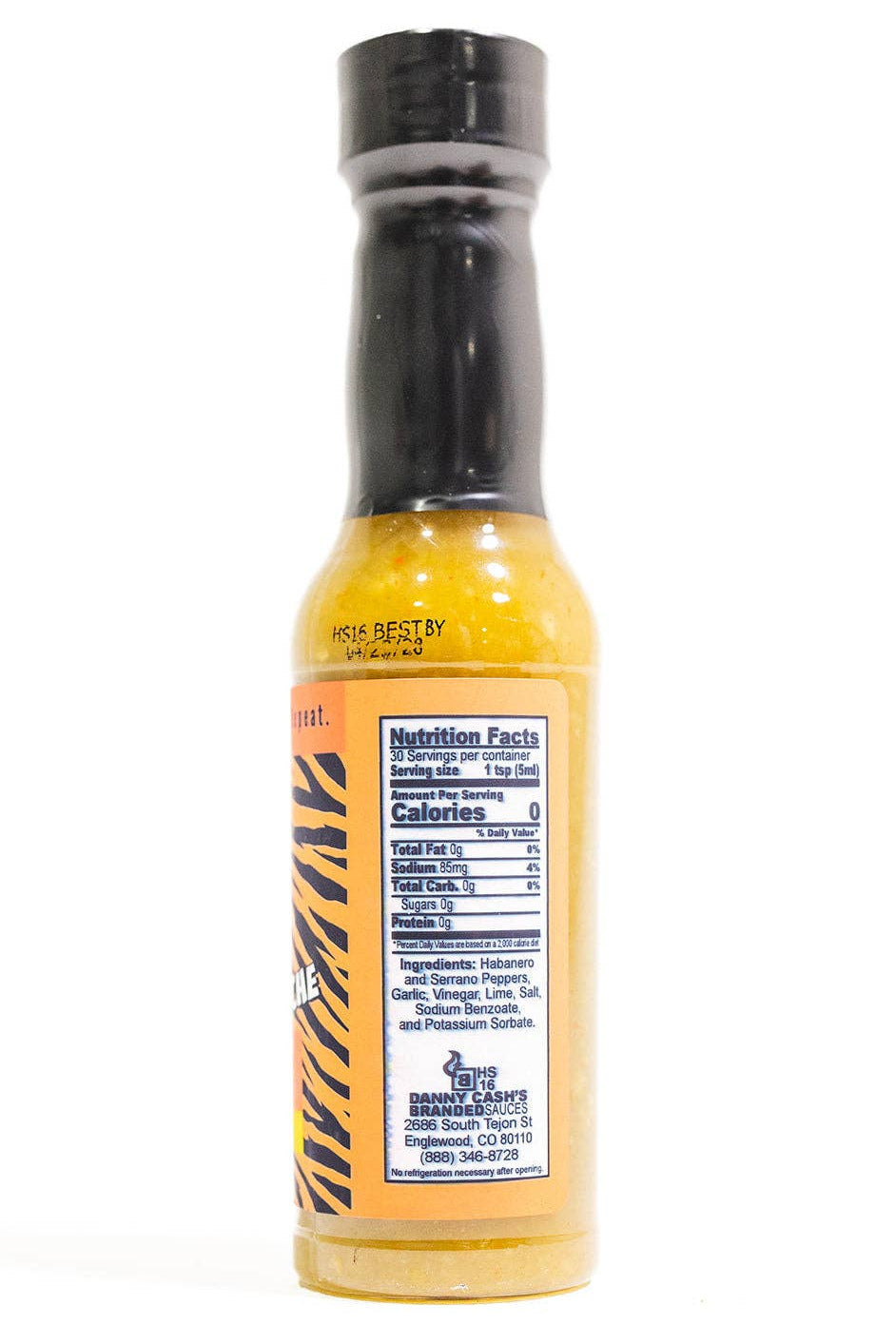 Tiger Stache Garlic Serrano Hot sauce bottle with black and yellow label on a white background