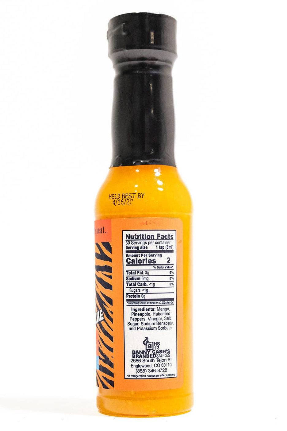 Tiger Stache Mango Habanero Hot sauce bottle with black cap and orange body on a white background