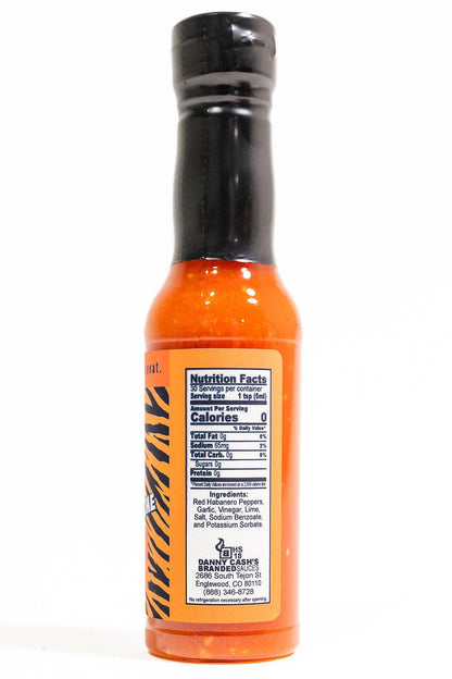 Tiger Stache Habanero Hot sauce bottle with black cap and orange body on a white background