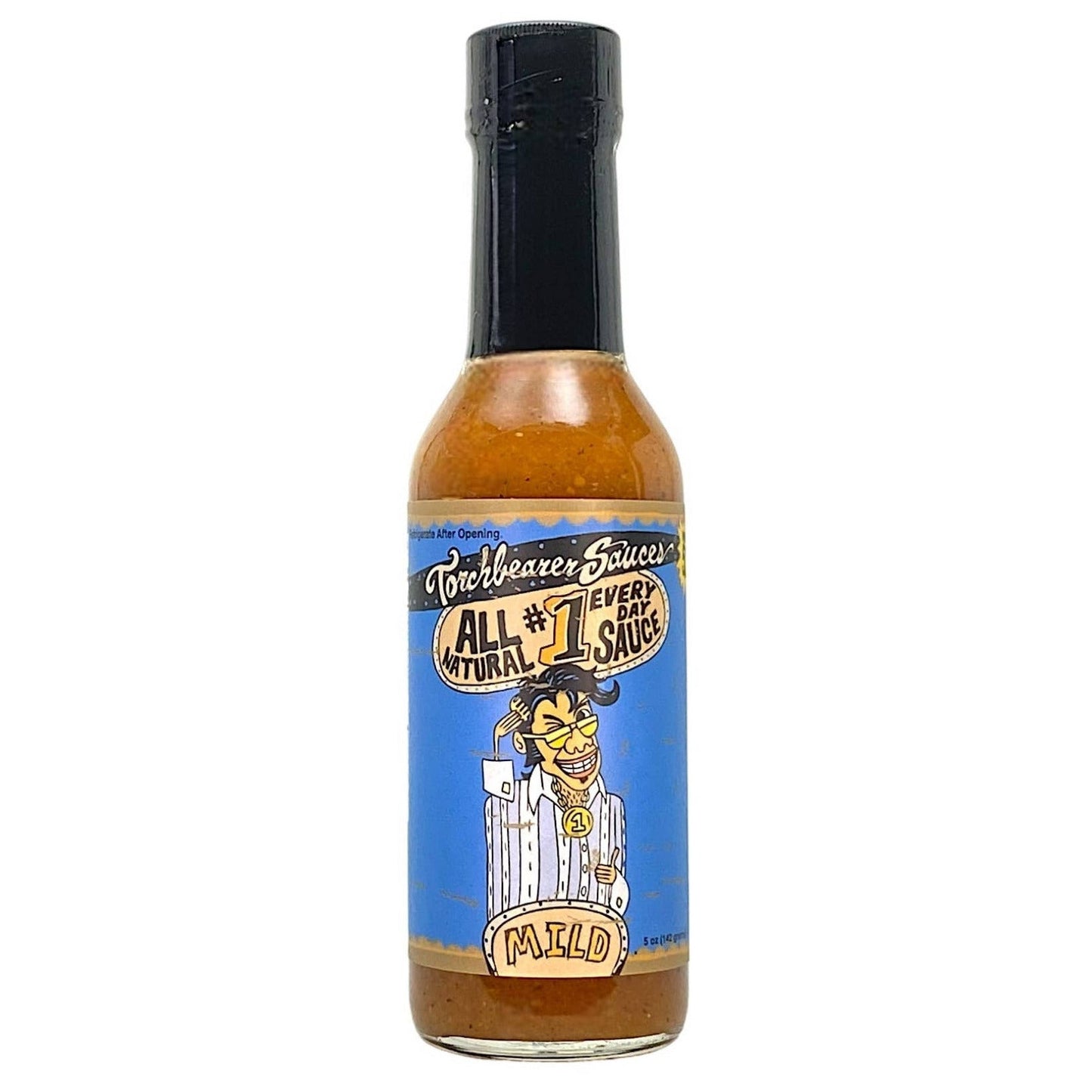 Bottle of Torchbearer Sauces with a blue label on a white background