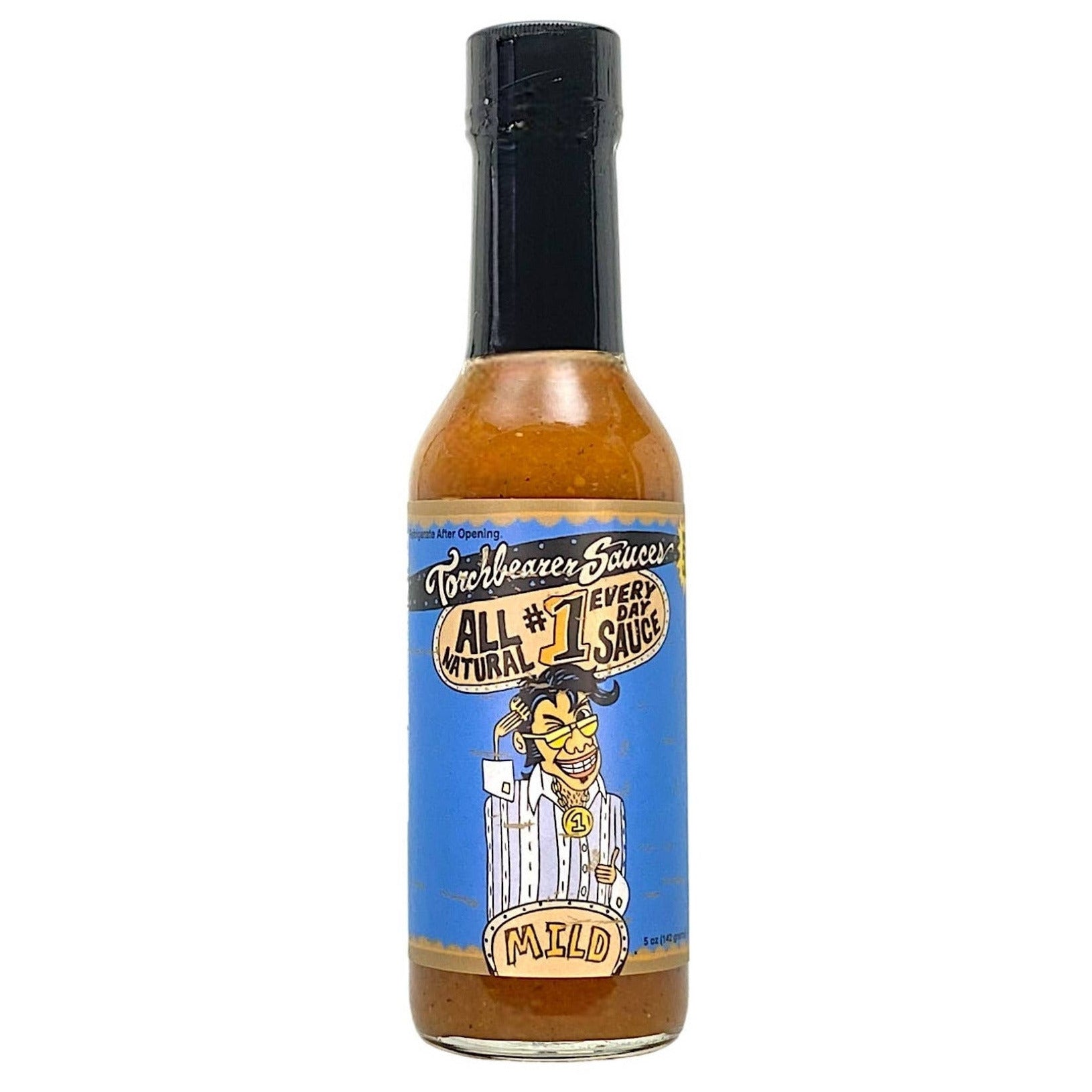 Bottle of Torchbearer Sauces with a blue label on a white background