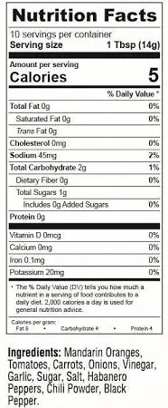 Nutrition facts label for Torchbearer Everyday Hot Sauce with ingredients listed below.