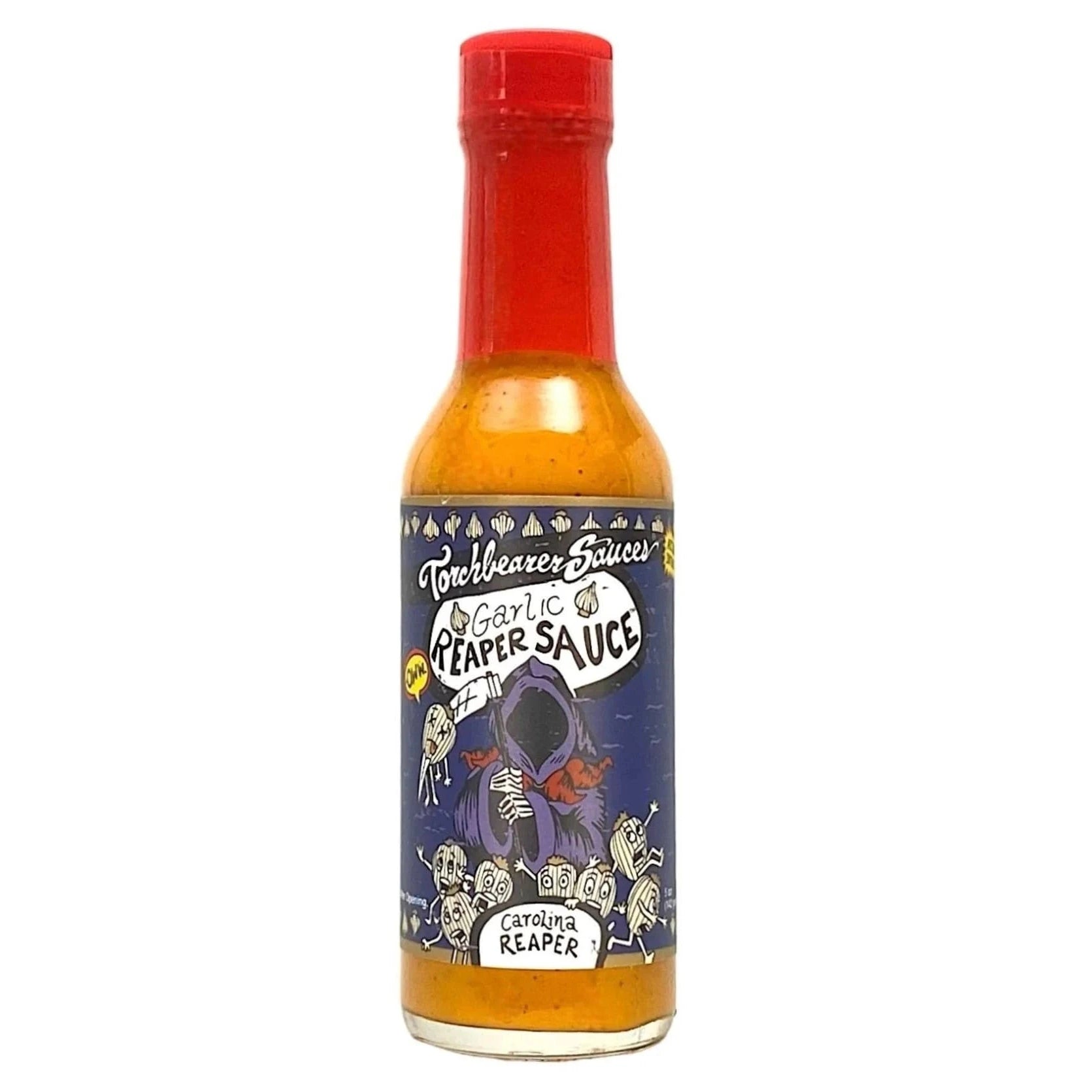 Bottle of Torchbearer Garlic Reaper Sauce with a colorful label on a white background