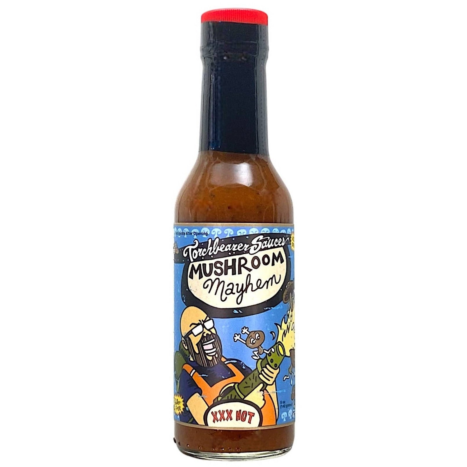 Torchbearer Mushroom Mayhem hot sauce bottle with colorful label