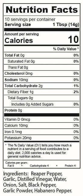 Nutrition facts label for a product with serving size, calories, and ingredient list.