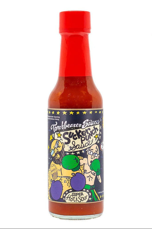 Bottle of Torchbearer Super Hot Sour Sauce with colorful label on a white background, featuring 'Hot Ones' branding.
