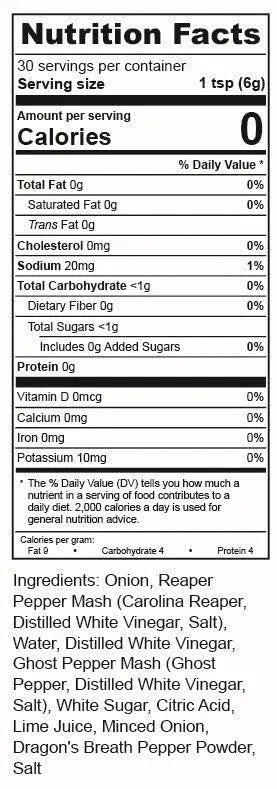 Nutrition facts label for Torchbearer Suckerpunch Hot Sauce