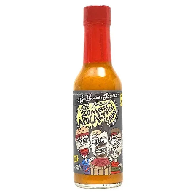 Torchbearer Zombie Apocalypse Hot sauce bottle with colorful label on a white background