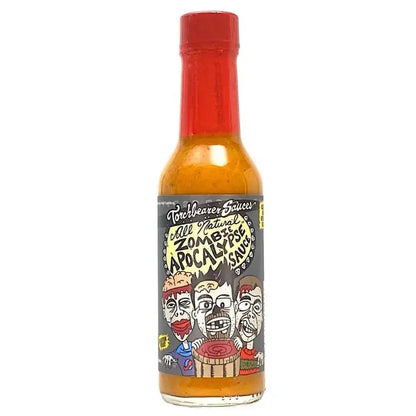 Torchbearer Zombie Apocalypse Hot sauce bottle with colorful label on a white background