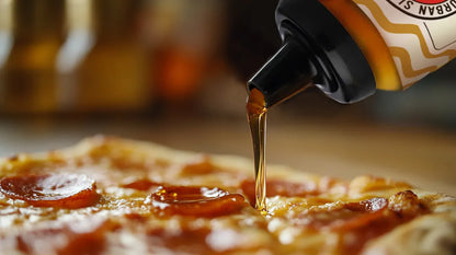 Bottle of Urban Street Sauce being poured onto a pizza with pepperoni slices.