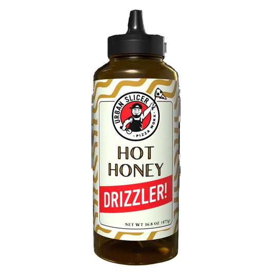 Hot honey drizzler bottle with Urban Slicer Pizza Co. label on a white background