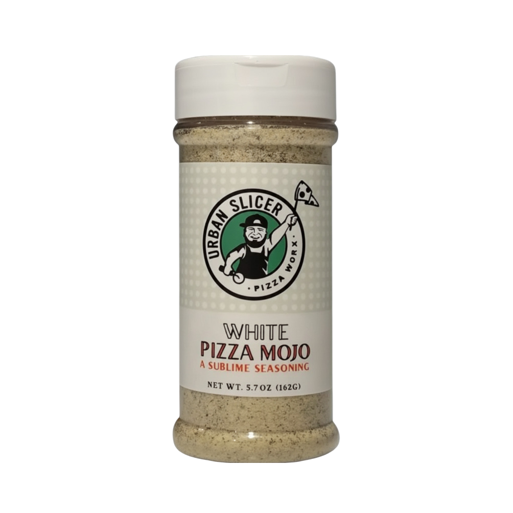 Shaker of Urban Slicer White Pizza Mojo seasoning on a white background
