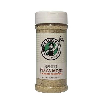 Shaker of Urban Slicer White Pizza Mojo seasoning on a white background