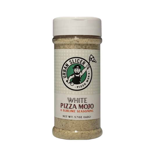 Shaker of Urban Slicer White Pizza Mojo seasoning on a white background