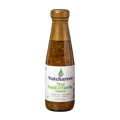 Bottle of Watcharee's Thai Basil & Garlic Sauce on a white background