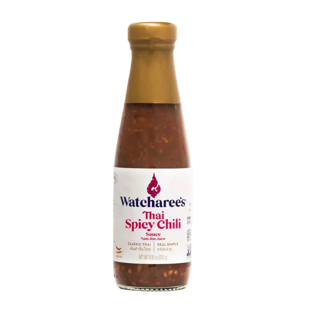 Bottle of Watcharee's Thai Spicy Chili sauce on a white background
