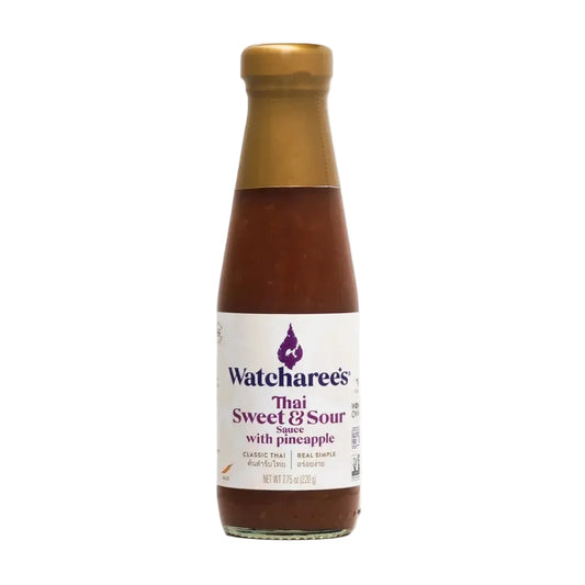 Bottle of Watcharee's Thai Sweet & Sour sauce with pineapple on a white background