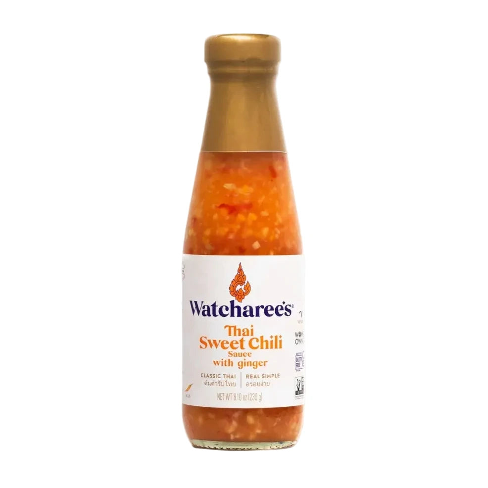 Bottle of Watcharee's Thai Sweet Chili Sauce with ginger on a white background