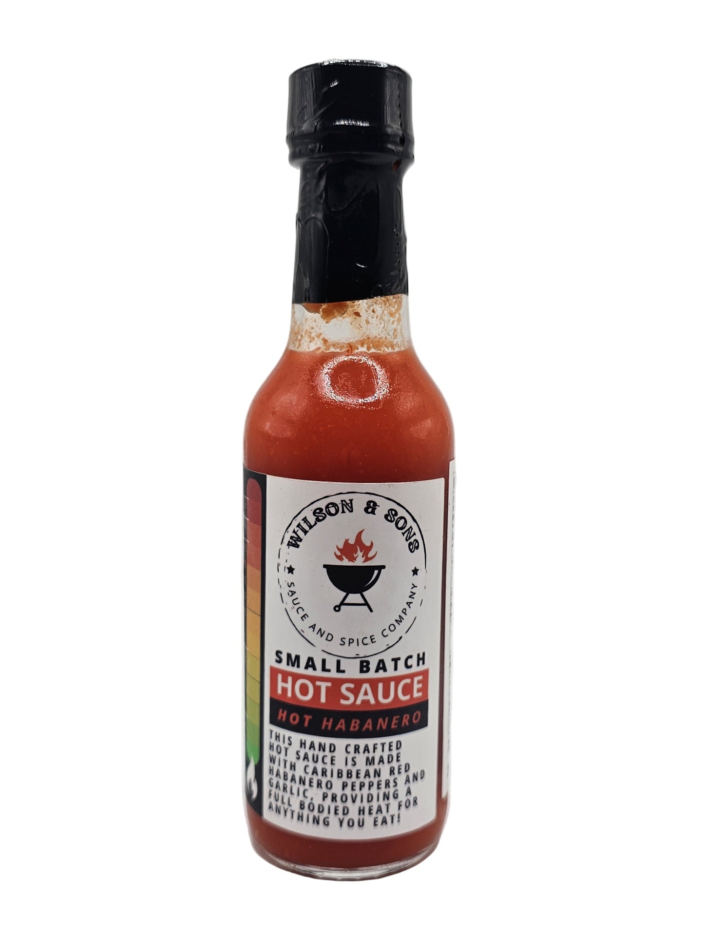 Bottle of Wilson & Sons hot Habanero sauce on a white background