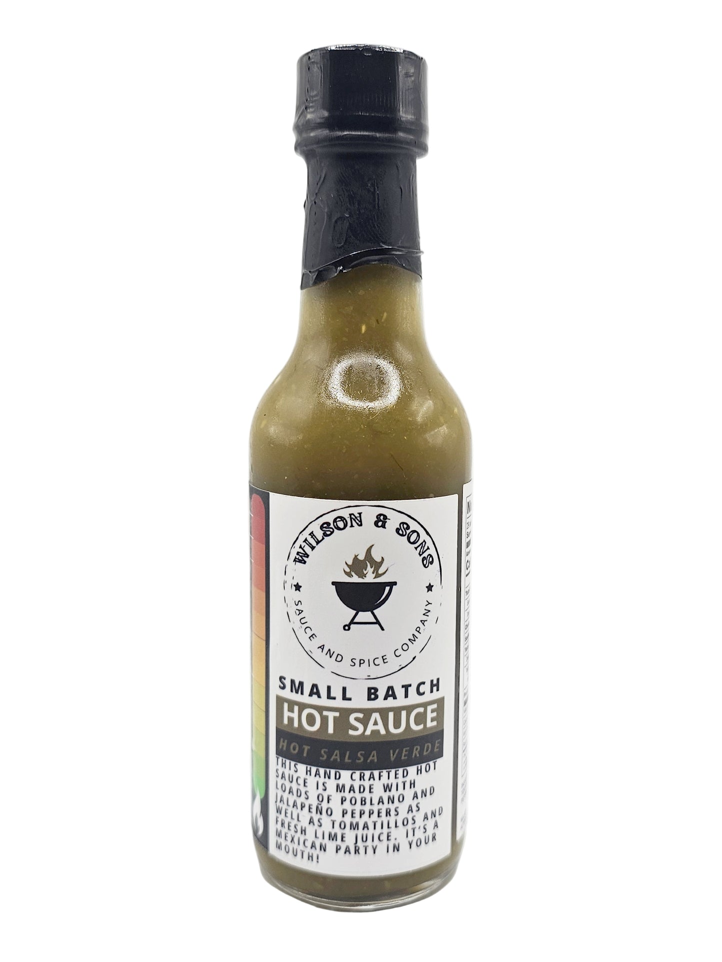 Bottle of Wilson & Sons Hot Salsa Verde hot sauce on a white background
